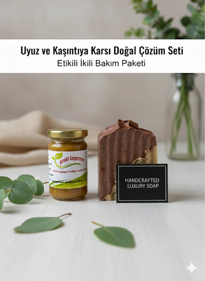 Uyuz, yoğun kaşıntı ve hassas ciltler için bitkisel çözüm ve  destek seti.
